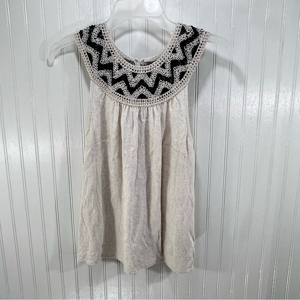 Hazel Boho Tank Top Black and Ivory Crochet Yoke Linen Blend Size S